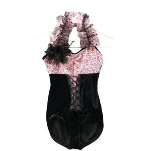 Weissman Girls‎ M (10-12) Pink Sequin Black Velvet Dance Costume Leotard Halter